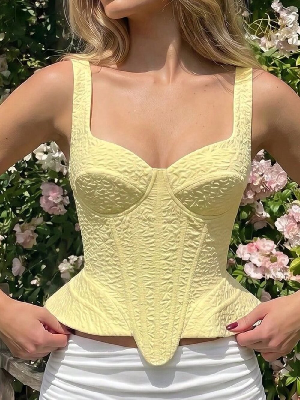 Light Yellow Casual Women's Elegant Jacquard Tank Top - Picture 4 of 6